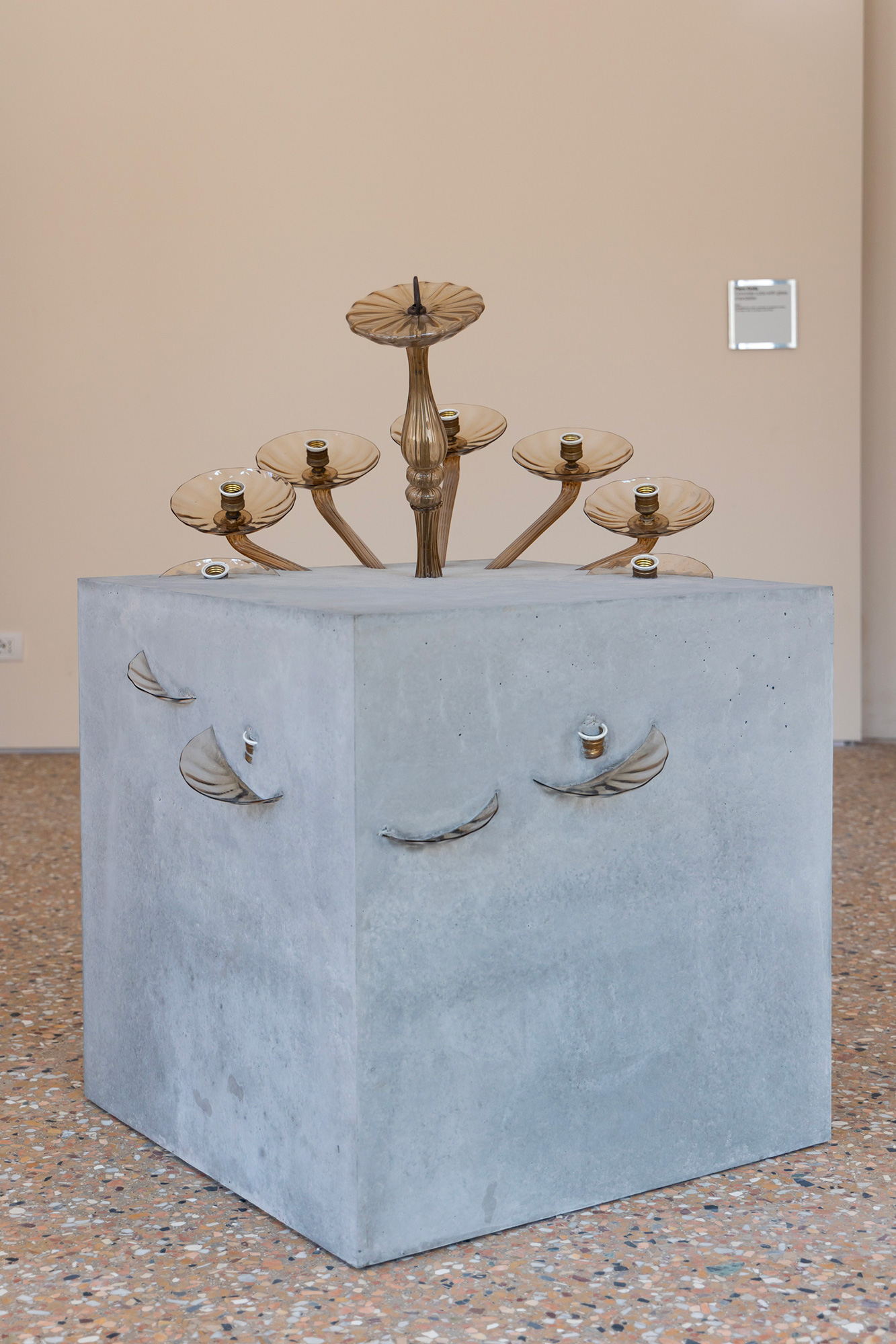 Piero Golia, Concrete cube with glass chandelier, 2024